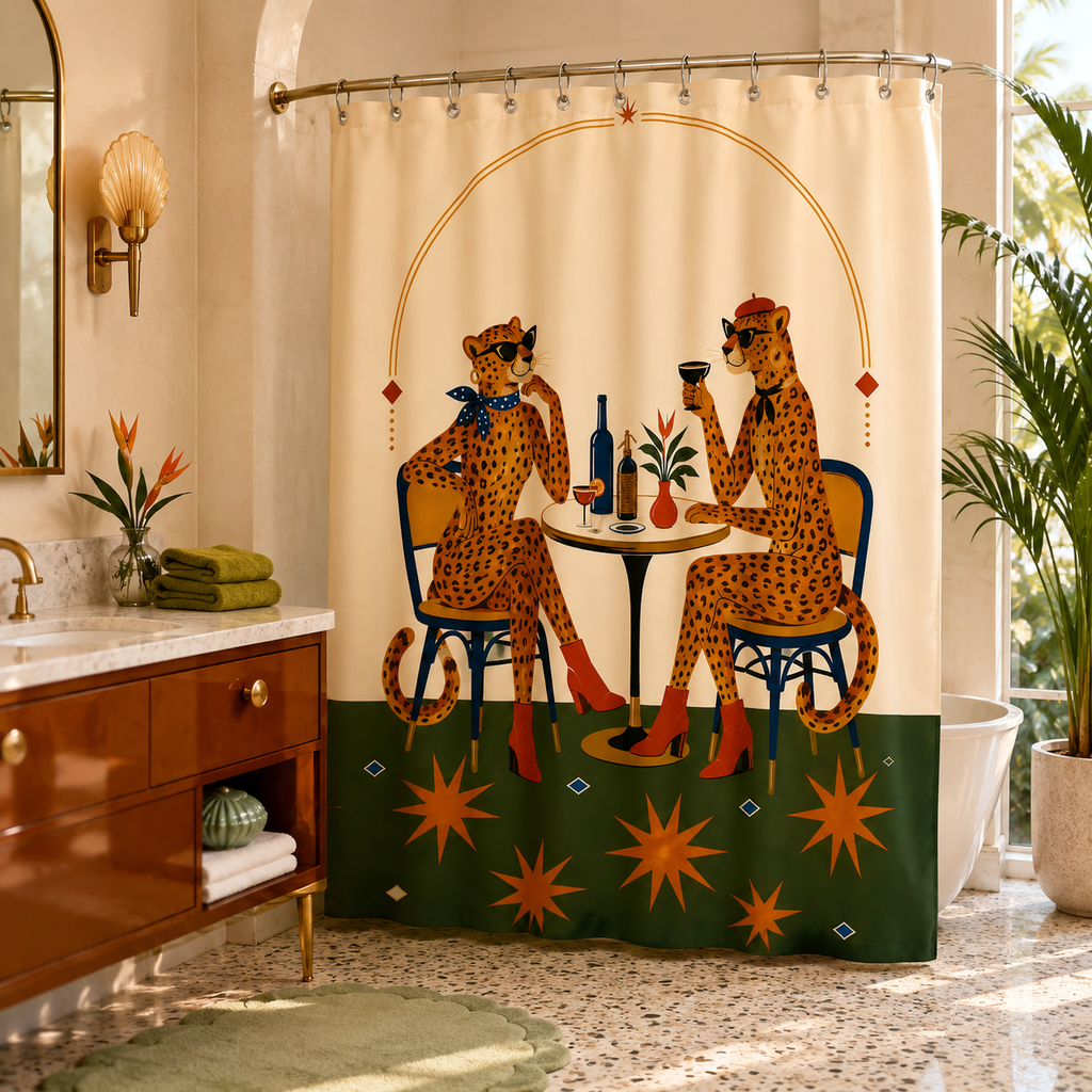 Quirky cheetah bistro art shower curtain complementing a vintage wooden bathroom vanity cabinet.