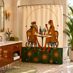 Quirky cheetah bistro art shower curtain complementing a vintage wooden bathroom vanity cabinet.