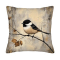 Chickadee on a branch pillow cover with warm neutral artwork