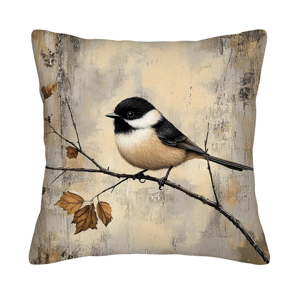 Chickadee on a branch pillow cover with warm neutral artwork