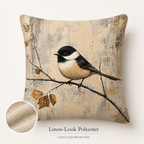 Chickadee linen-look pillow cover with woven fabric texture detail