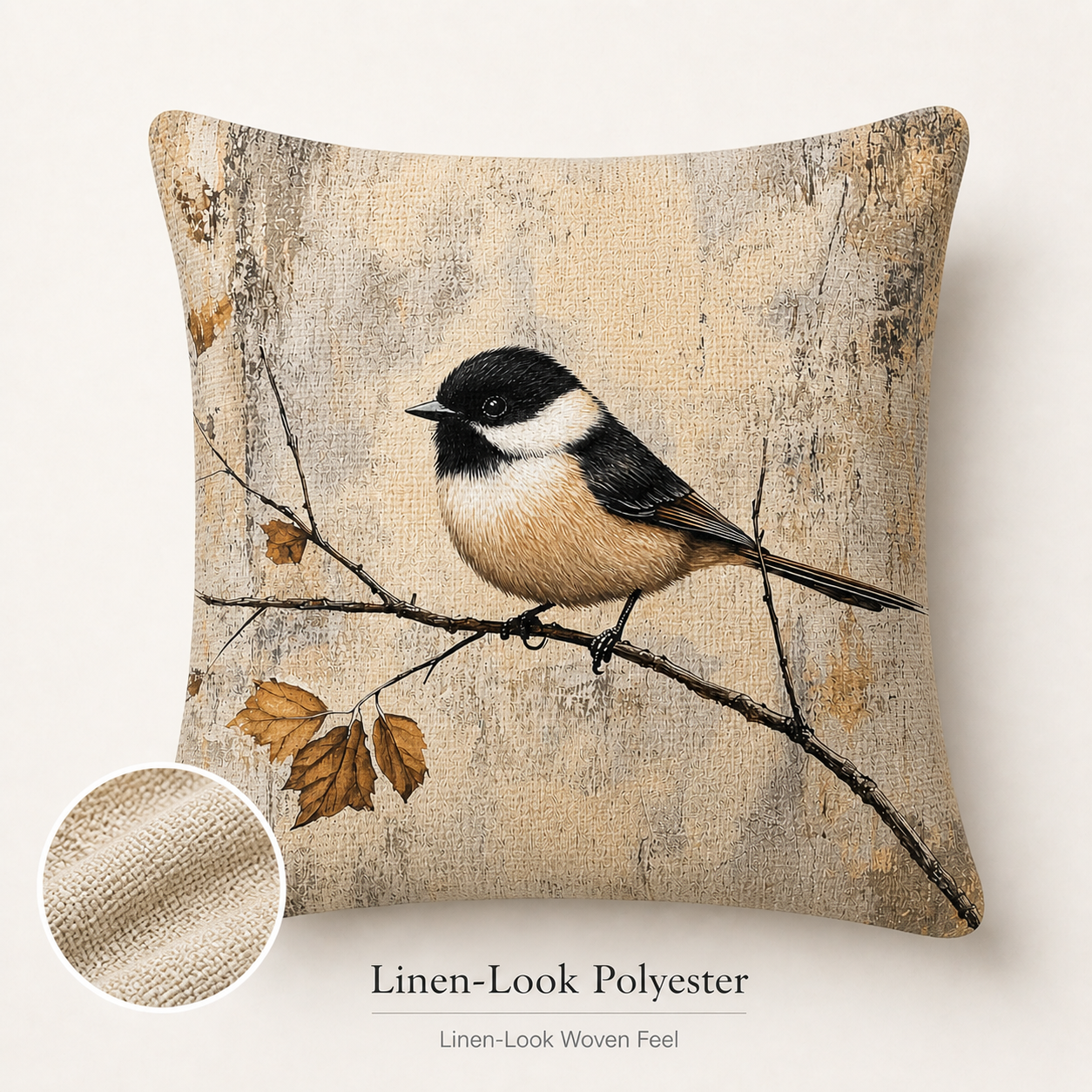 Chickadee linen-look pillow cover with woven fabric texture detail