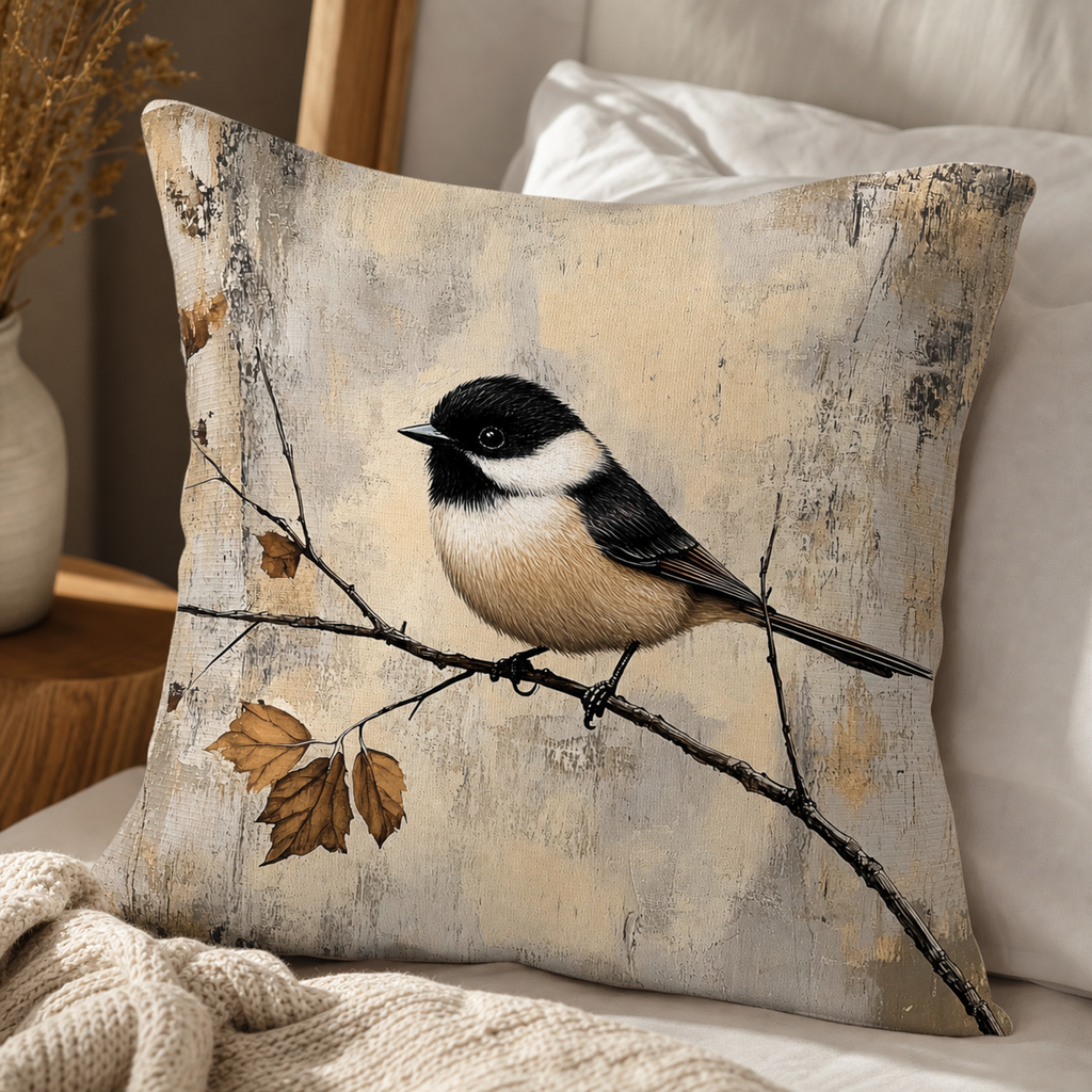 Chickadee pillow cover styled on a cozy bed with soft knitted accents