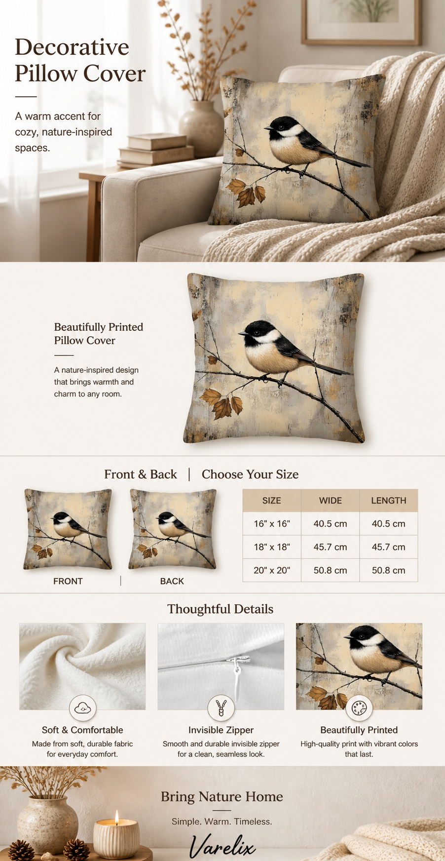 Chickadee pillow cover with size chart, fabric details, and cozy room styling