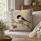 Chickadee pillow cover displayed in a cozy rustic living room
