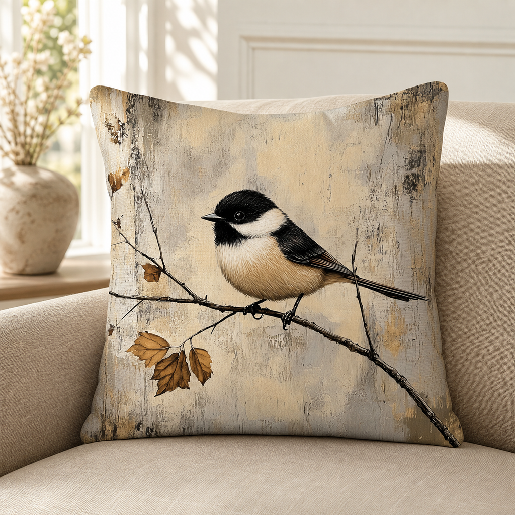 Chickadee pillow cover styled on a neutral sofa near soft daylight