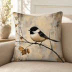 Chickadee pillow cover styled on a neutral sofa near soft daylight