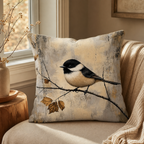 Chickadee pillow cover on a sofa beside a warm sunlit window