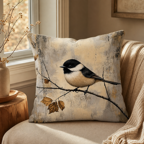 Chickadee pillow cover on a sofa beside a warm sunlit window