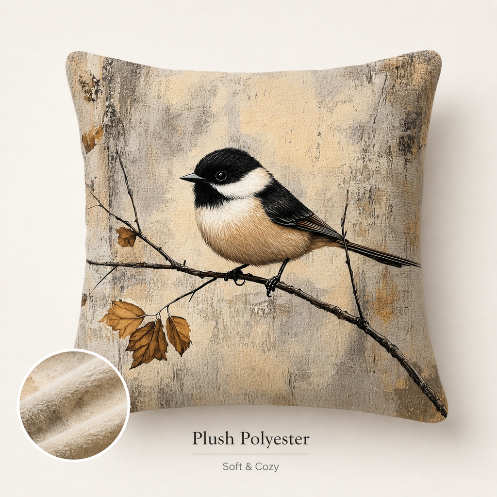 Chickadee plush polyester pillow cover with soft cozy fabric detail