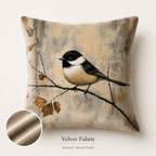 Chickadee velvet pillow cover with smooth fabric detail inset