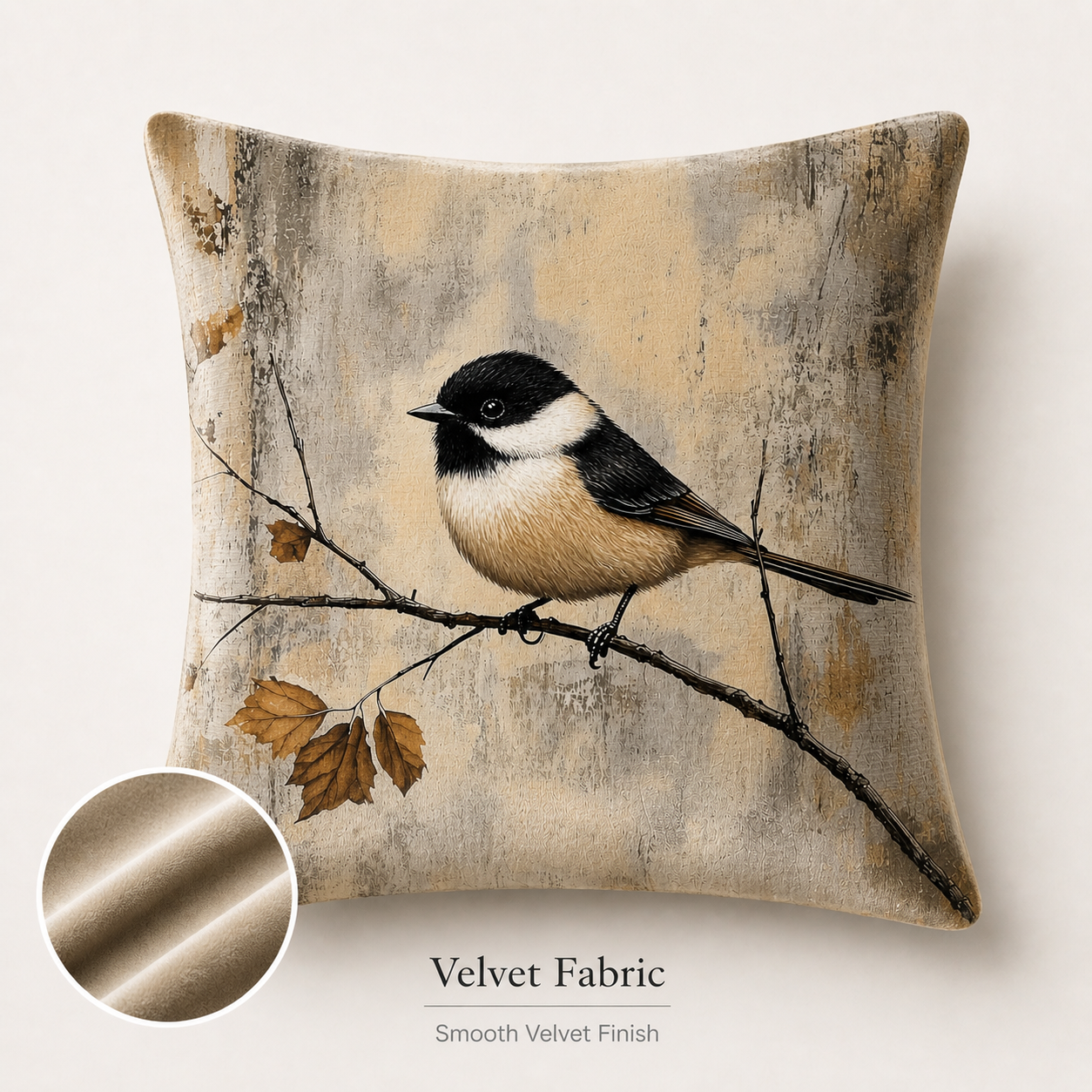 Chickadee velvet pillow cover with smooth fabric detail inset