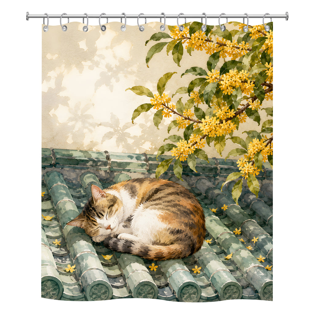 Artistic watercolor shower curtain design showcasing a charming calico tabby cat curled up asleep on vintage green Chinese roof tiles under golden sweet osmanthus blossoms.