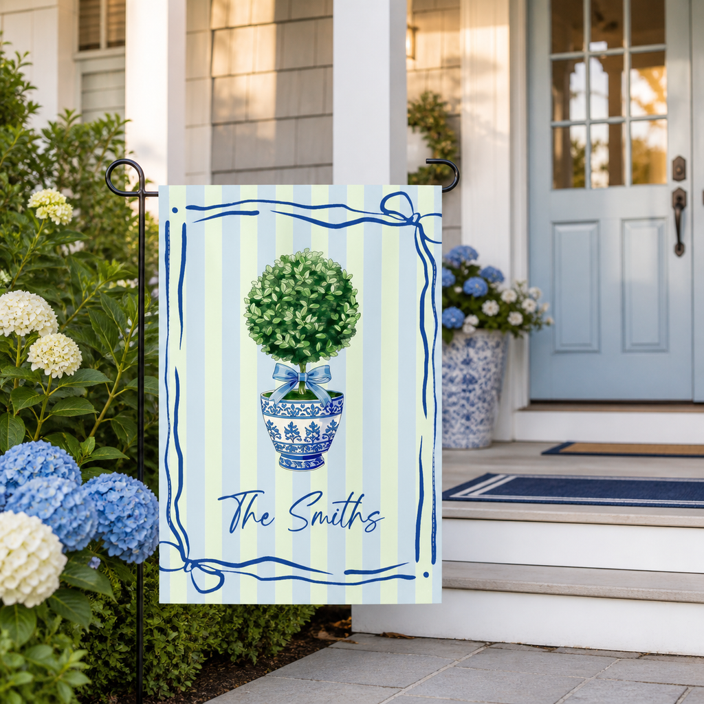 Chinoiserie topiary garden flag styled by a front porch garden