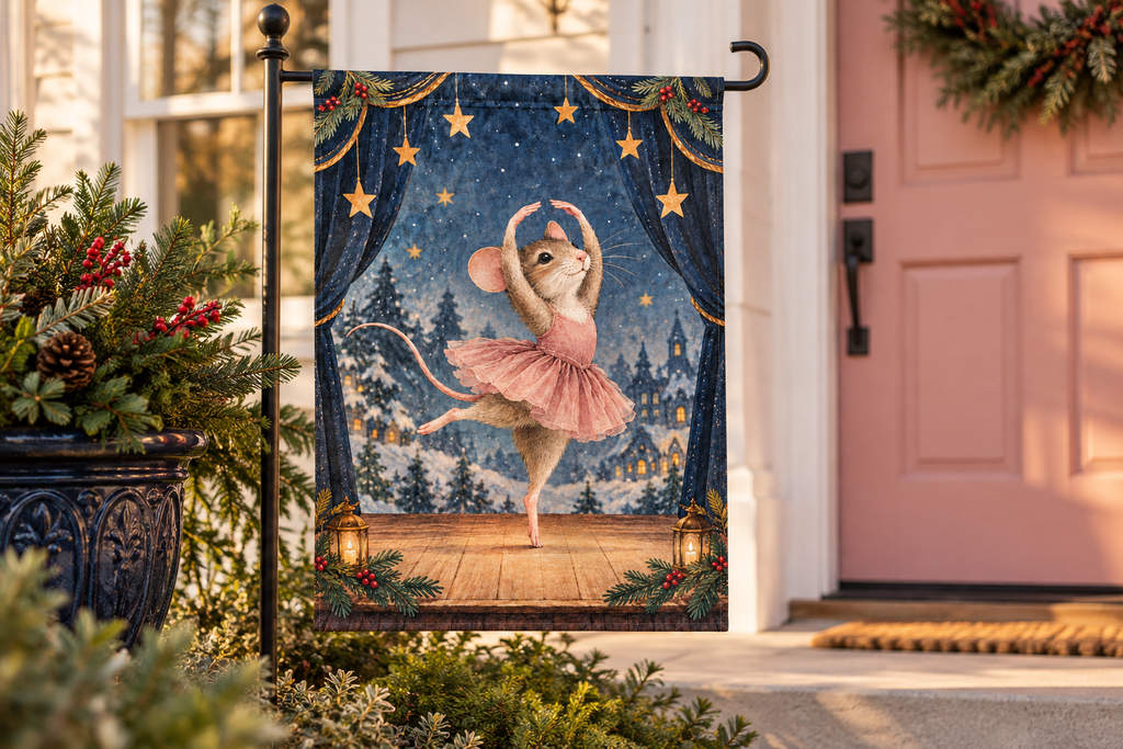 Christmas Ballet Mouse Printed Garden Flag, lifestyle view 1: One flag on a simple separate black L-shaped garden stake beside a front porch planter, all of the flag readable, late-afternoon natural light.