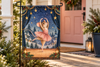 Christmas Ballet Mouse Printed Garden Flag, lifestyle view 3: Closer view of the flag on its separate black L-shaped stake near a porch post, the real cloth top sleeve threading over the horizontal bar, print clearly readable.