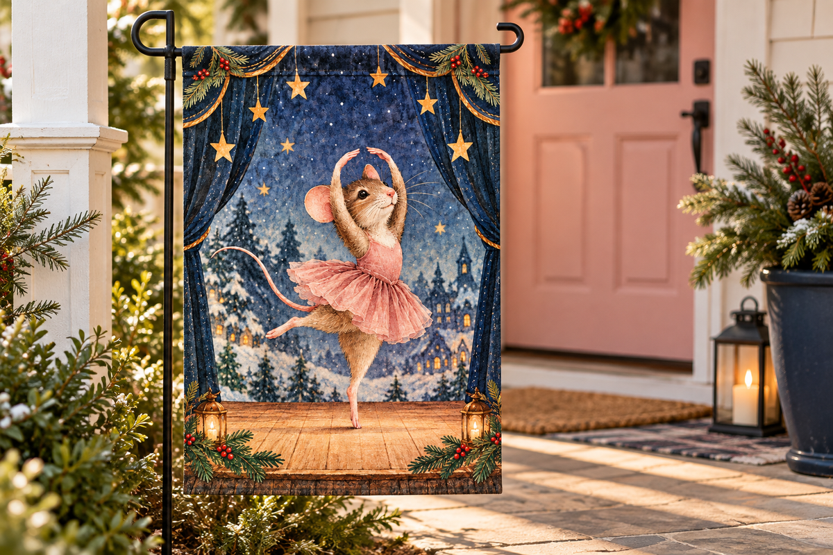Christmas Ballet Mouse Printed Garden Flag, lifestyle view 3: Closer view of the flag on its separate black L-shaped stake near a porch post, the real cloth top sleeve threading over the horizontal bar, print clearly readable.