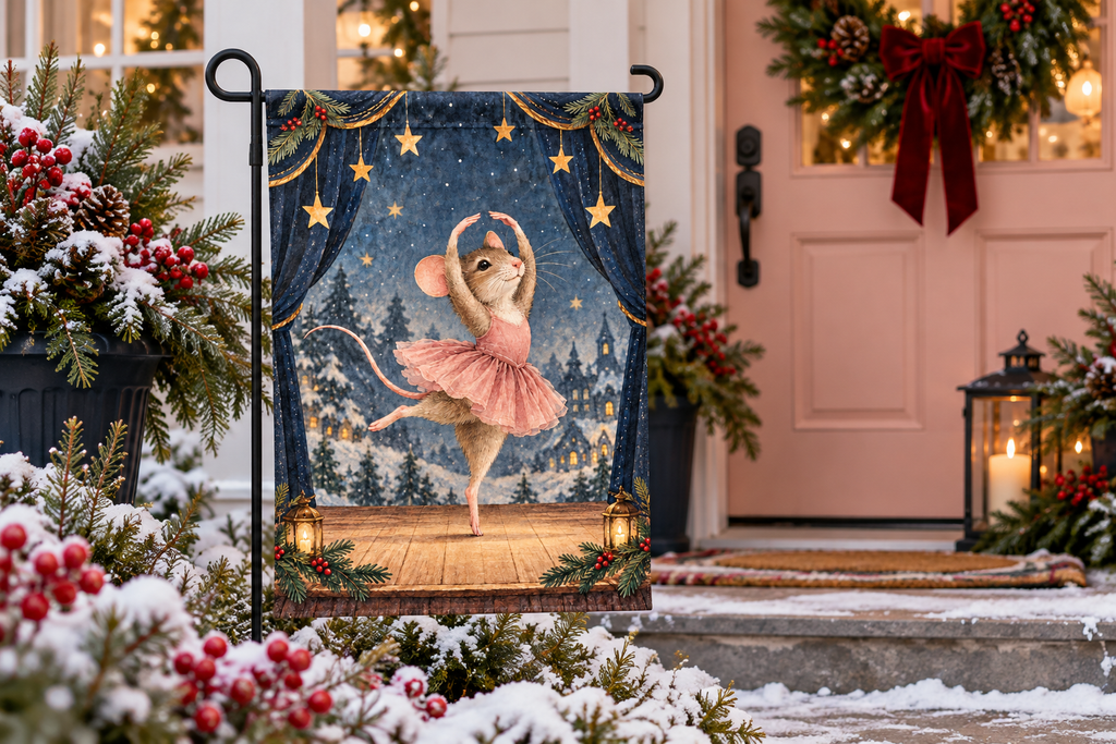 Christmas Ballet Mouse Printed Garden Flag, lifestyle view 4: One flag on its separate black garden stake in a mailbox garden with restrained October seasonal planting, wide but product-led welcoming suburban scene.