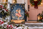 Christmas Ballet Mouse Printed Garden Flag, lifestyle view 4: One flag on its separate black garden stake in a mailbox garden with restrained October seasonal planting, wide but product-led welcoming suburban scene.