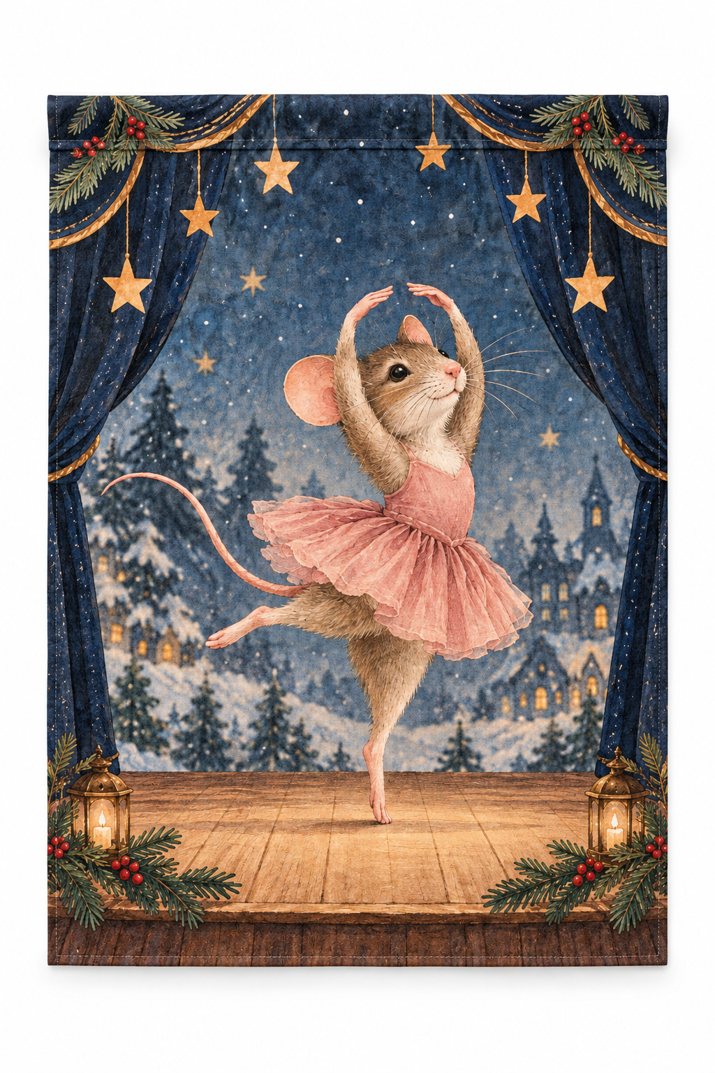 Christmas Ballet Mouse Printed Garden Flag on a white background, showing the complete printed design.