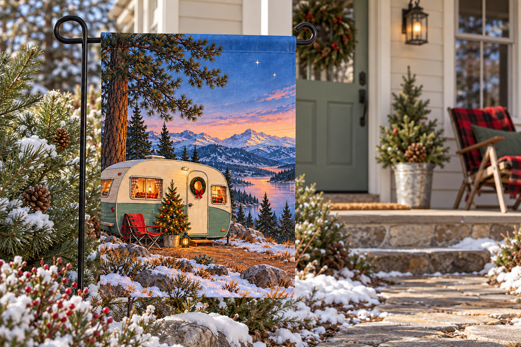 Christmas Camper Printed Garden Flag, lifestyle view 2: One flag on a separate black garden stake along a short garden path, lower garden view with planting behind; no people, full rectangle visible.