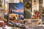 Christmas Camper Printed Garden Flag, lifestyle view 4: One flag on its separate black garden stake in a mailbox garden with restrained October seasonal planting, wide but product-led welcoming suburban scene.