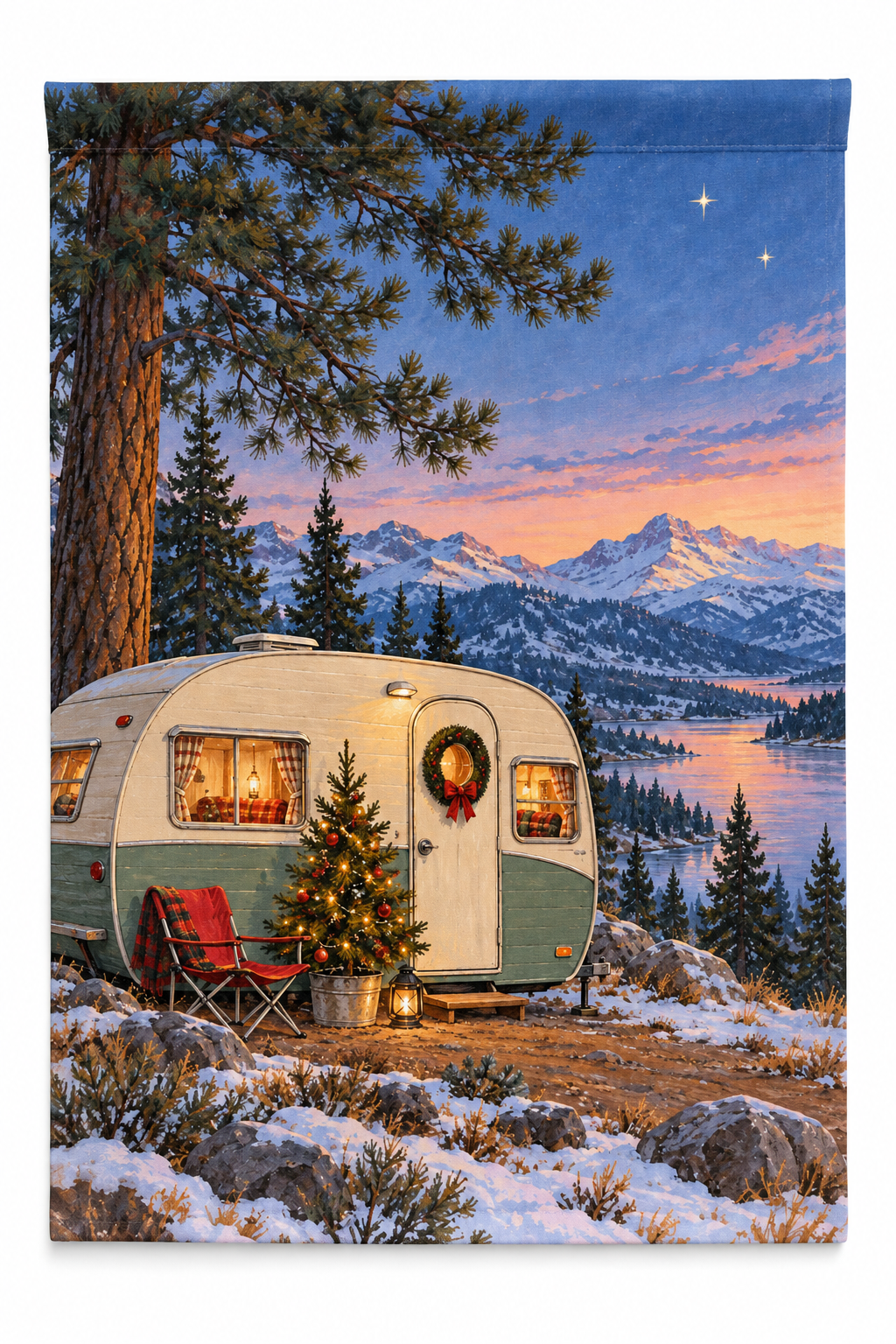 Christmas Camper Printed Garden Flag on a white background, showing the complete printed design.