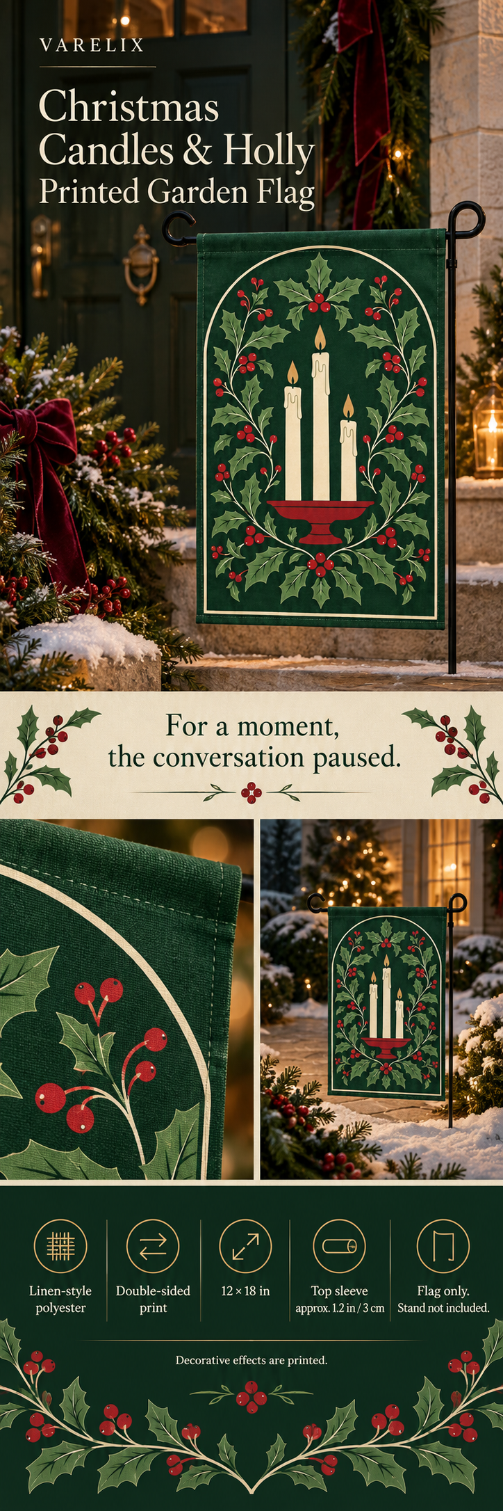 Christmas Candles & Holly Printed Garden Flag by VARELIX, A+ detail poster with verified material, sizes and included items.