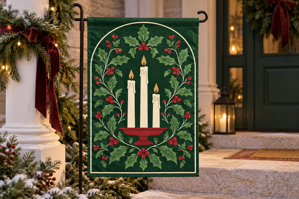 Christmas Candles & Holly Printed Garden Flag, lifestyle view 3: Closer view of the flag on its separate black L-shaped stake near a porch post, the real cloth top sleeve threading over the horizontal bar, print clearly readable.