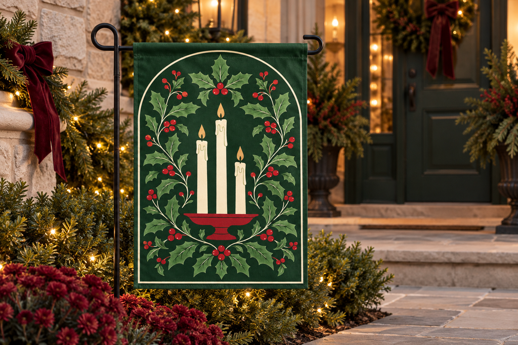 Christmas Candles & Holly Printed Garden Flag, lifestyle view 4: One flag on its separate black garden stake in a mailbox garden with restrained October seasonal planting, wide but product-led welcoming suburban scene.