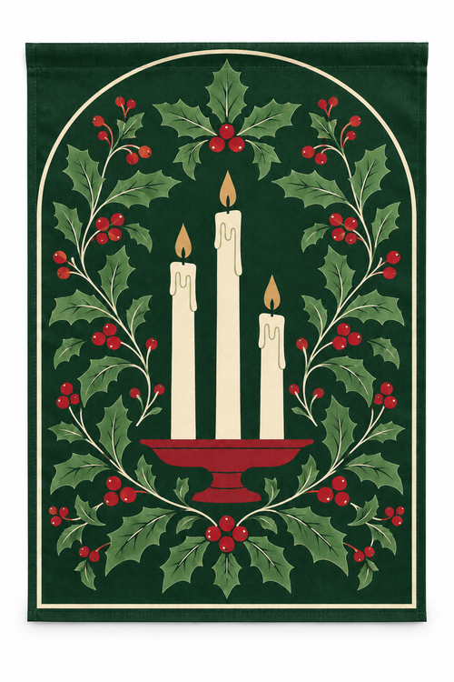 Christmas Candles & Holly Printed Garden Flag on a white background, showing the complete printed design.