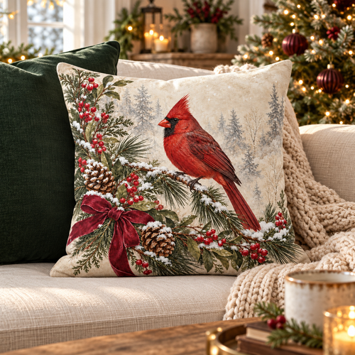 Cardinal Christmas pillow cover on a cream sofa with a green cushion and a softly lit Christmas tree.