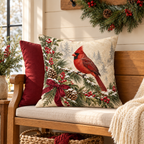 Cardinal and evergreen pillow cover on an indoor oak entryway bench with a burgundy cushion and wreath.