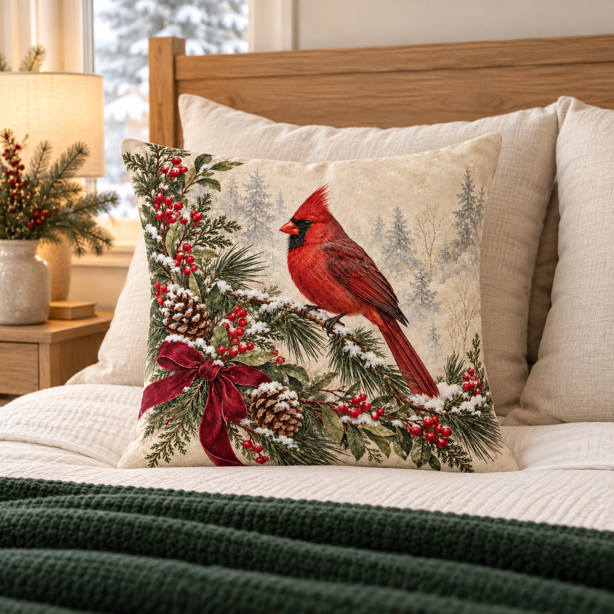 Christmas cardinal pillow cover styled on ivory guest-bed linens with an evergreen throw and warm bedside lamp.