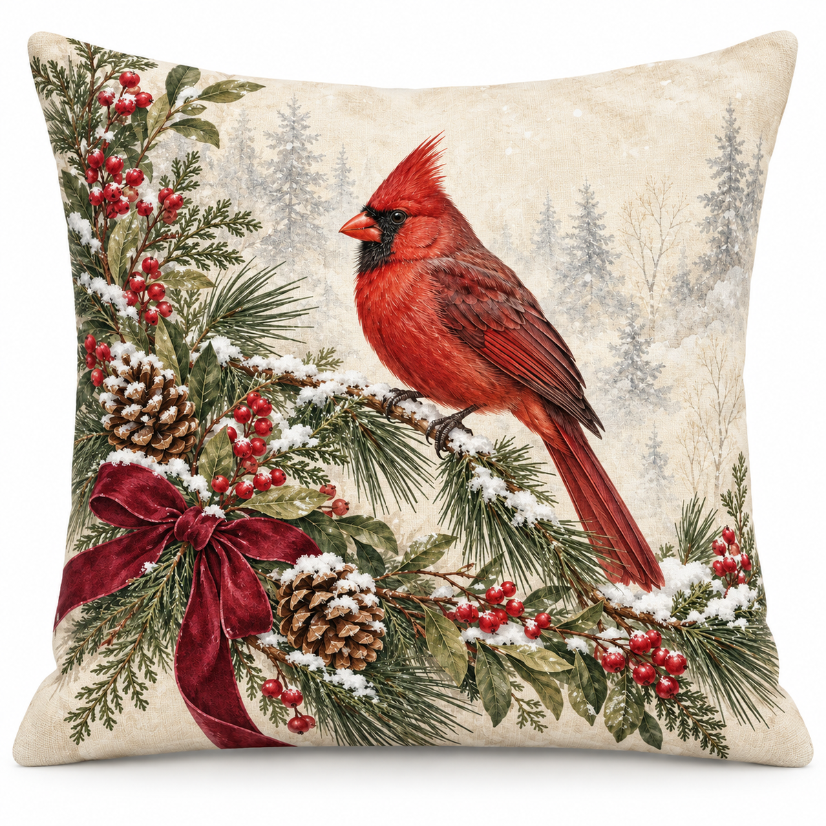Christmas cardinal pillow cover with snowy pine, berries and a burgundy bow, shown on a white background.
