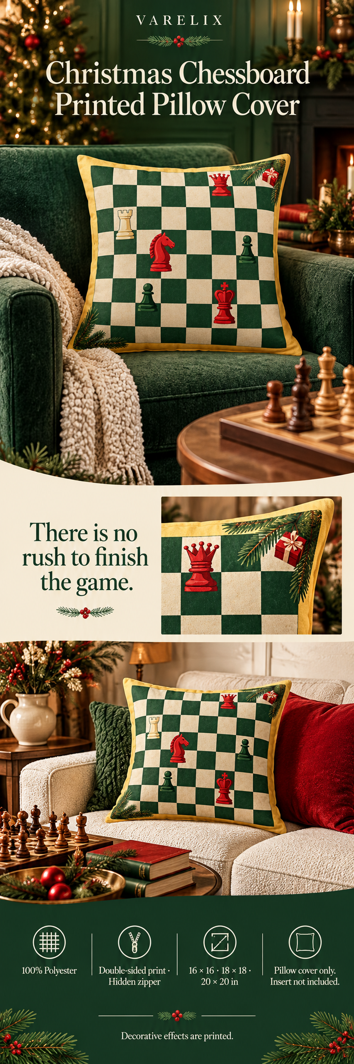 Christmas Chessboard Printed Pillow Cover by VARELIX, A+ detail poster with verified material, sizes and included items.