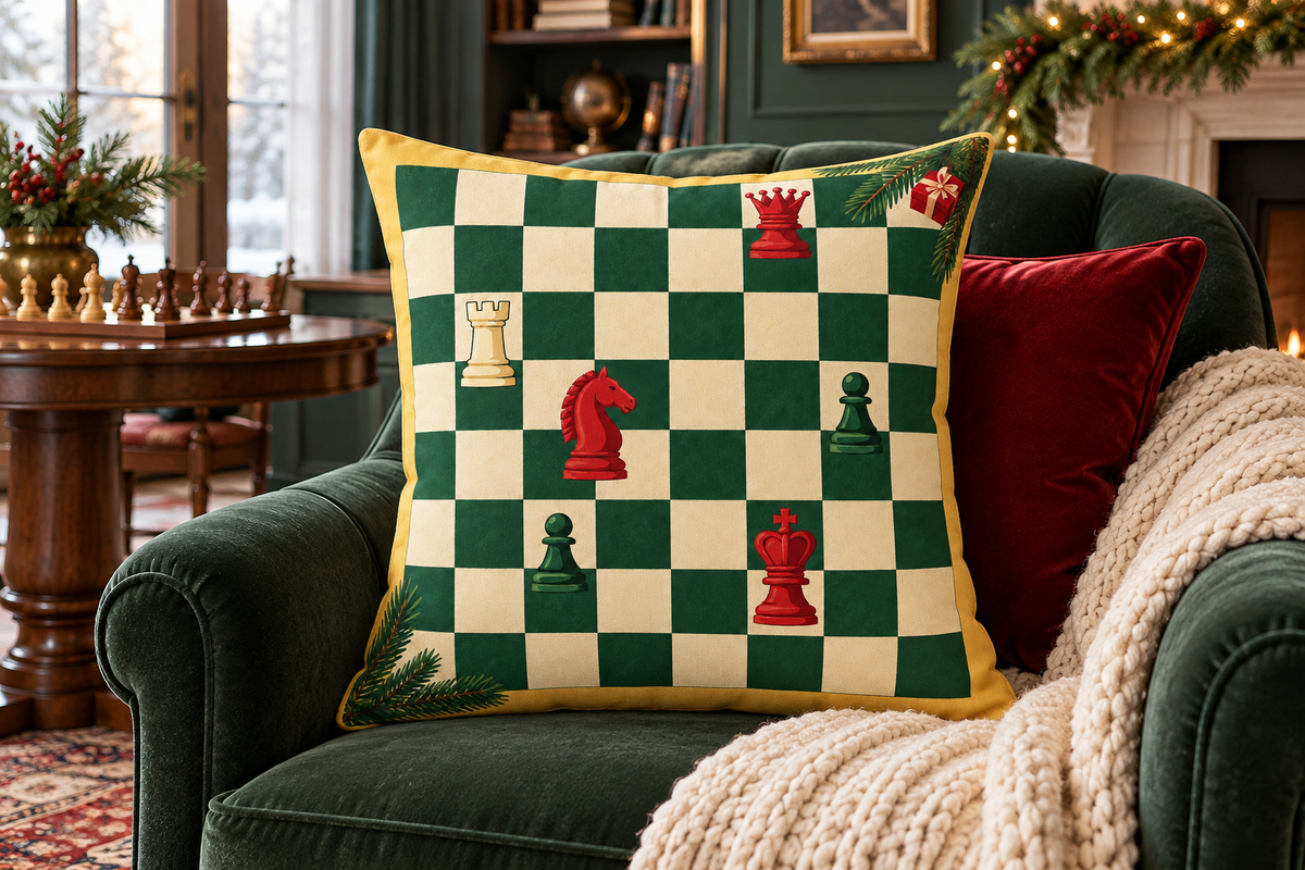 Christmas Chessboard Printed Pillow Cover, lifestyle view 1: Placed upright on an accent chair, nearly frontal with full print clearly visible; room-wide interior composition.