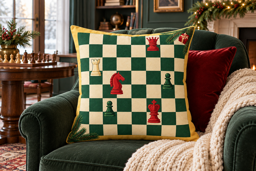 Christmas Chessboard Printed Pillow Cover, lifestyle view 1: Placed upright on an accent chair, nearly frontal with full print clearly visible; room-wide interior composition.