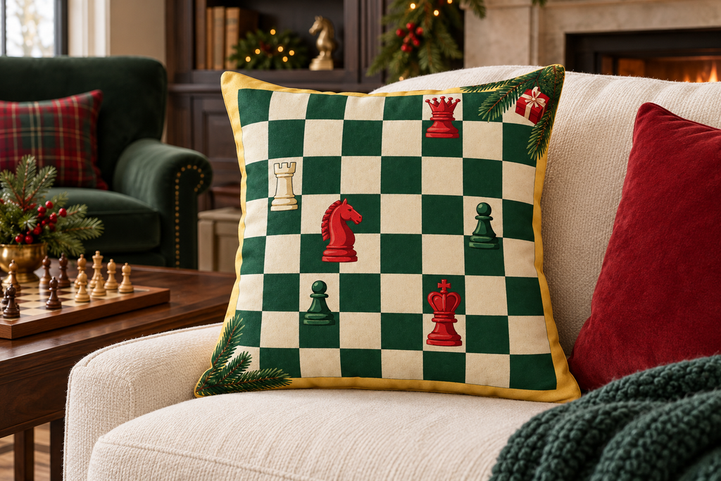 Christmas Chessboard Printed Pillow Cover, lifestyle view 2: A prominent single pillow on a sofa beside one plain solid-colored cushion; medium interior composition, product fills at least 40 percent of frame.