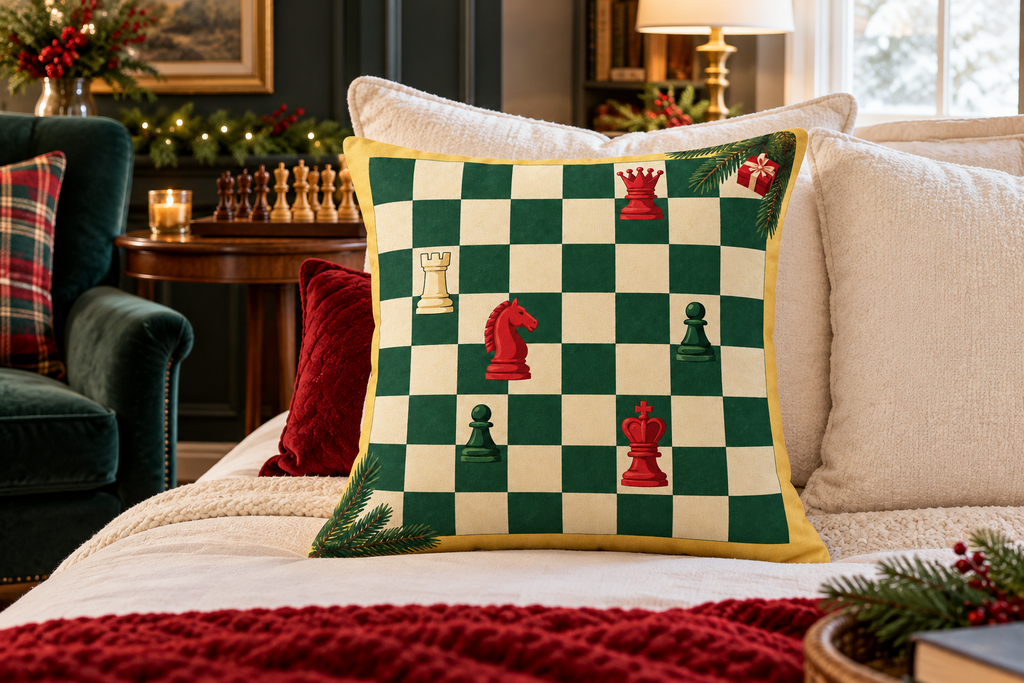 Christmas Chessboard Printed Pillow Cover, lifestyle view 3: Centered in front of plain pillows on a neatly made guest bed; eye-level composition, believable 18-inch pillow scale.