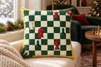 Christmas Chessboard Printed Pillow Cover, lifestyle view 4: Close editorial view on an indoor window bench, full pillow and all edges visible, gentle side light reveals the real textile texture.