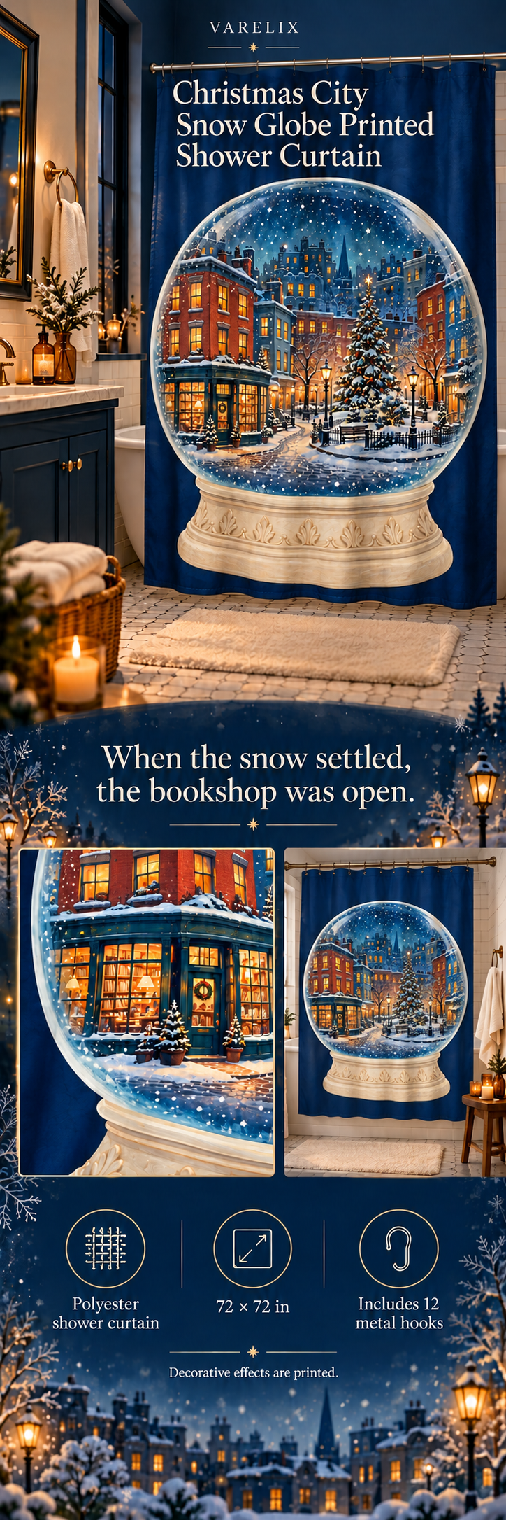 Christmas City Snow Globe Printed Shower Curtain by VARELIX, A+ detail poster with verified material, sizes and included items.