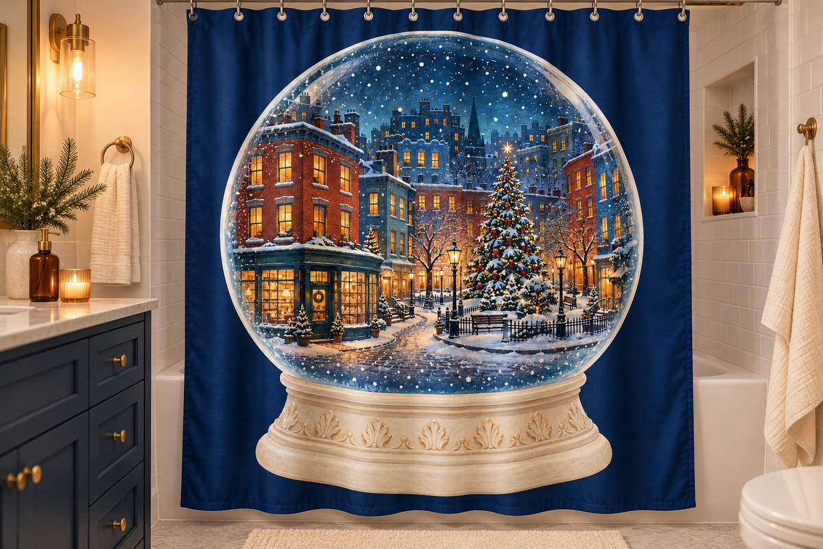 Christmas City Snow Globe Printed Shower Curtain, lifestyle view 1: Curtain fully drawn across a standard tub, nearly frontal view, entire square print readable, top rail and hooks cropped completely OUT OF FRAME; square print readable; no floor-length distortion.