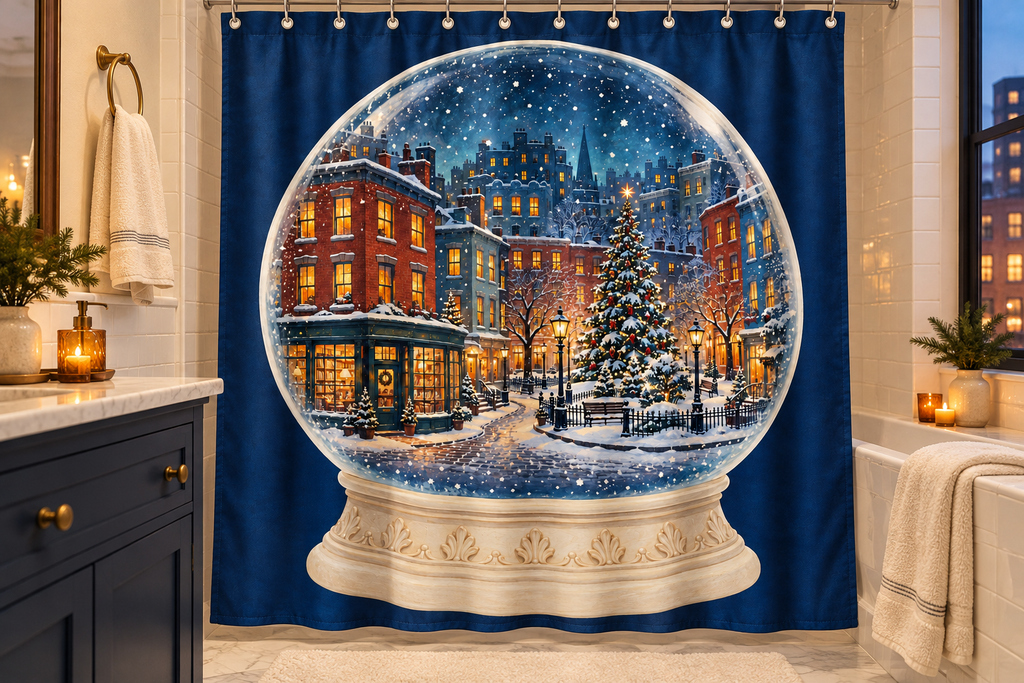 Christmas City Snow Globe Printed Shower Curtain, lifestyle view 3: A bright bathroom with square curtain as the dominant focal wall, medium-wide editorial view, top hardware deliberately cropped OUT OF FRAME, camera at natural eye level.