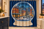 Christmas City Snow Globe Printed Shower Curtain, lifestyle view 3: A bright bathroom with square curtain as the dominant focal wall, medium-wide editorial view, top hardware deliberately cropped OUT OF FRAME, camera at natural eye level.