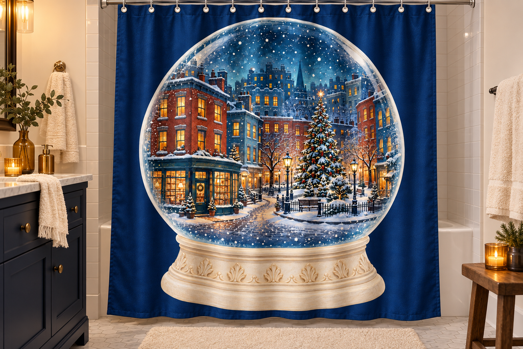 Christmas City Snow Globe Printed Shower Curtain, lifestyle view 4: Closer front-angle bathroom view focused on the full square printed curtain, restrained surroundings, realistic fabric folds without hiding the central design; top hardware cropped OUT OF FRAME.