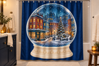 Christmas City Snow Globe Printed Shower Curtain, lifestyle view 4: Closer front-angle bathroom view focused on the full square printed curtain, restrained surroundings, realistic fabric folds without hiding the central design; top hardware cropped OUT OF FRAME.