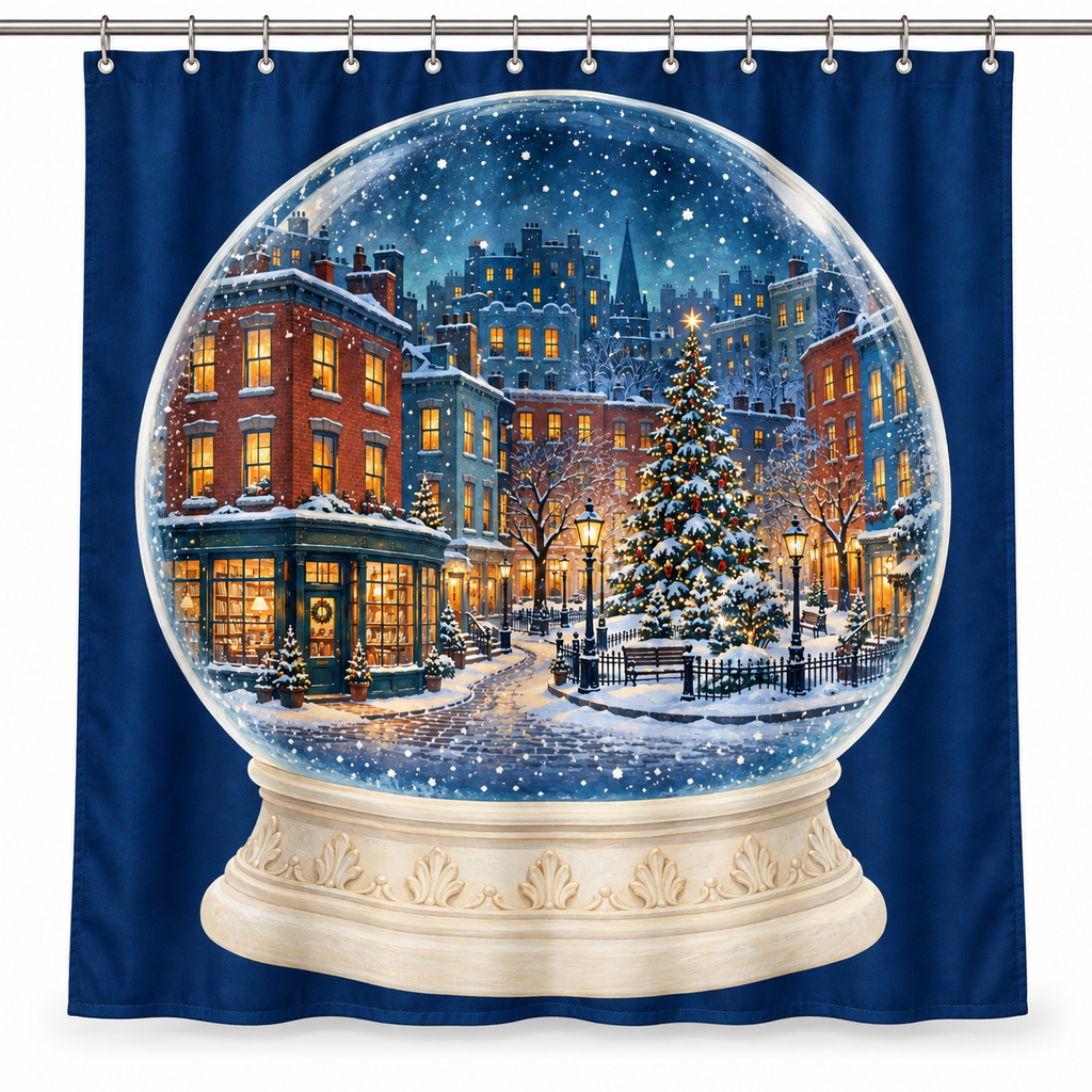 Christmas City Snow Globe Printed Shower Curtain on a white background, showing the complete printed design.