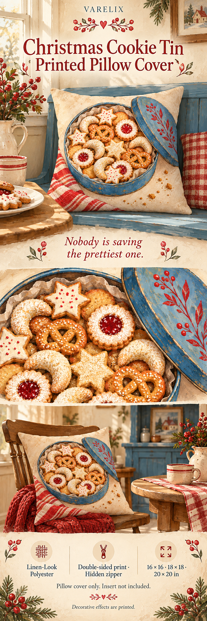 Christmas Cookie Tin Printed Pillow Cover by VARELIX, A+ detail poster with verified material, sizes and included items.
