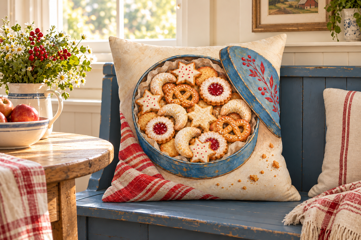 Christmas Cookie Tin Printed Pillow Cover, lifestyle view 1: Placed upright on an accent chair, nearly frontal with full print clearly visible; room-wide interior composition.